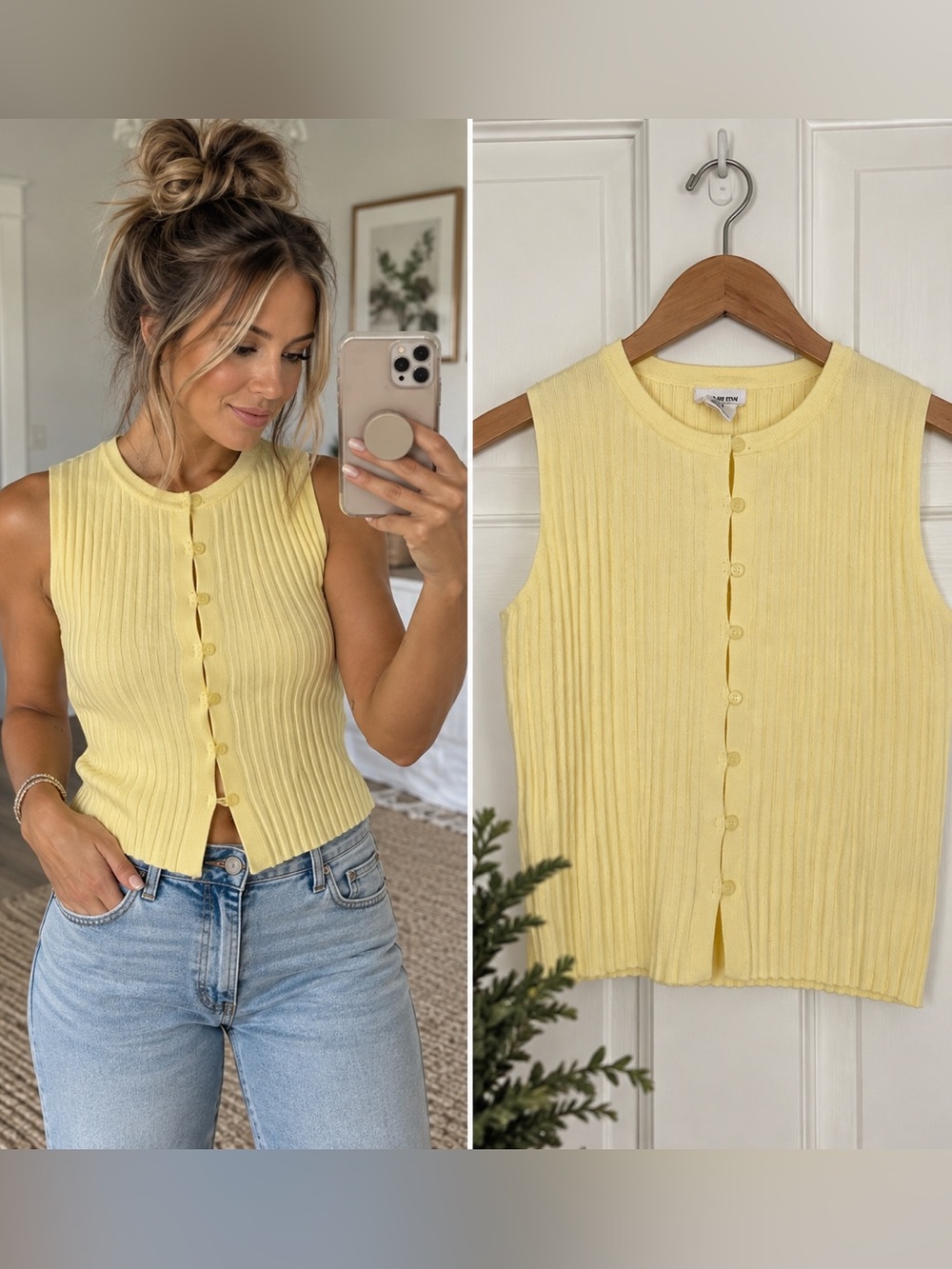 Song of Style by Aimee Song Yellow Ribbed Button Front Sleeveless Knit Top M